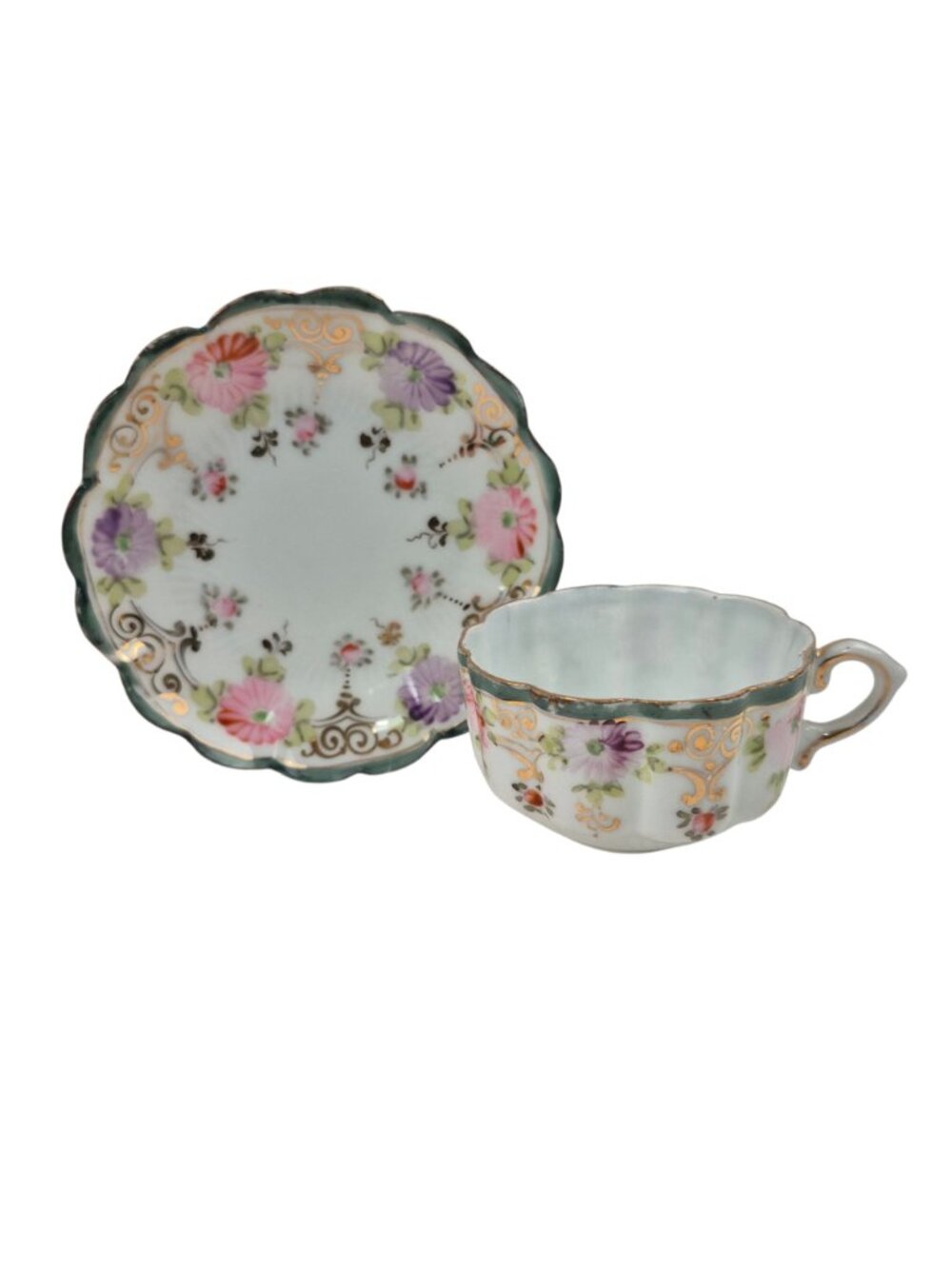 Tea Cup Saucer Set Porcelain Pink Purple Floral Design Green Trim Gold Accents - Picture 9 of 10